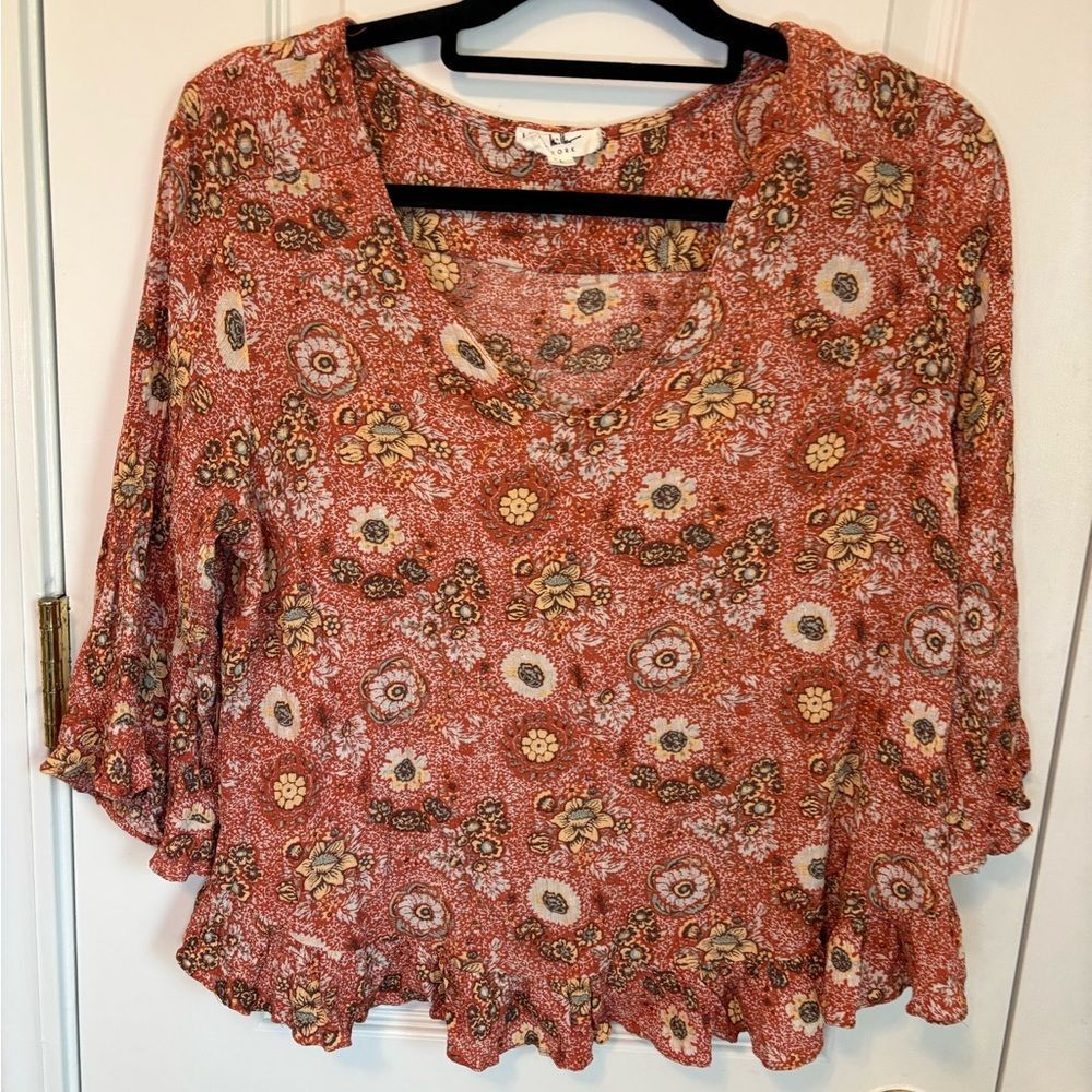 Nicole Miller Floral Boho Blouse Rust Orange Ruffle Hem 3/4 Sleeve Large